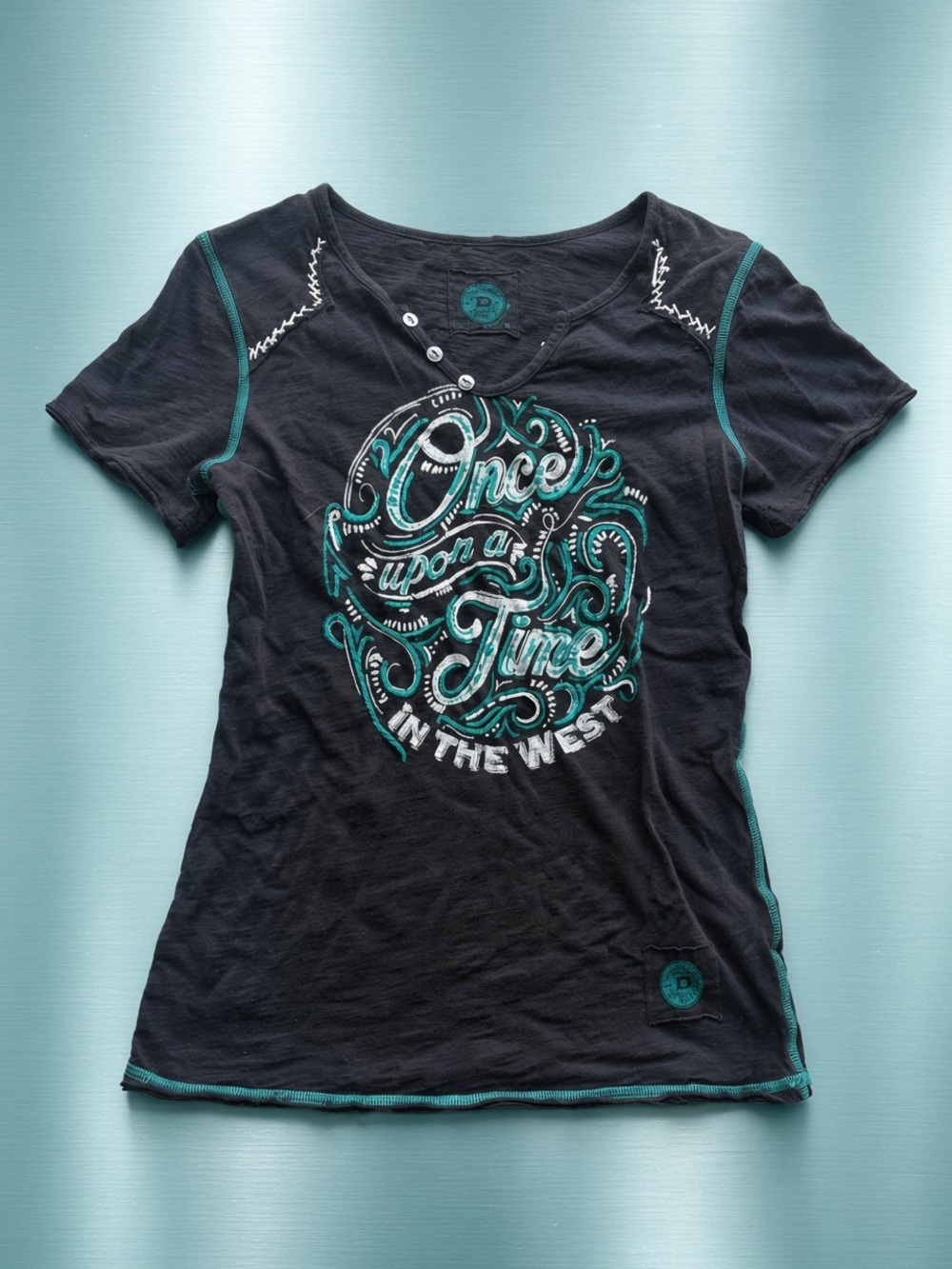 Double D Ranch Once Upon A Time In The West printed embroidered top RTL $195 S